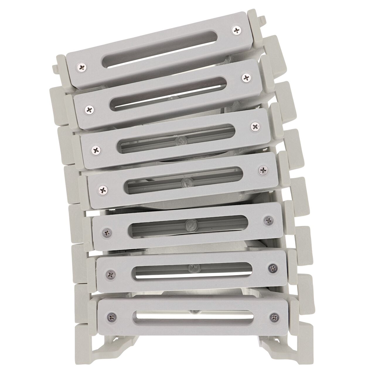 Top down view of 3 degree bend in Seven Light Gray Slotted Plastic Dura Slope™ Channel Drain EZ-Track™ Radius Coupling Grates (NDS DS-661LGMG) installed on seven Dura Slope EZ-Track Radius Couplings (NDS DSRC)