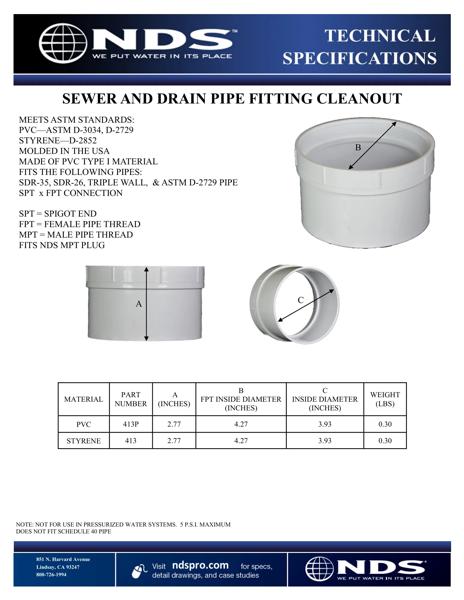NDS S&D Hub X FPT Cleanout Adapter Tech Spec