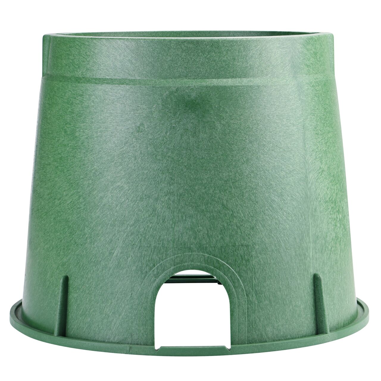 Side view of the pipe hole side on the NDS Green plastic 10 in. Round Standard Series Valve Box (NDS 112B) showing both pipe holes available to connect valves to your irrigation system