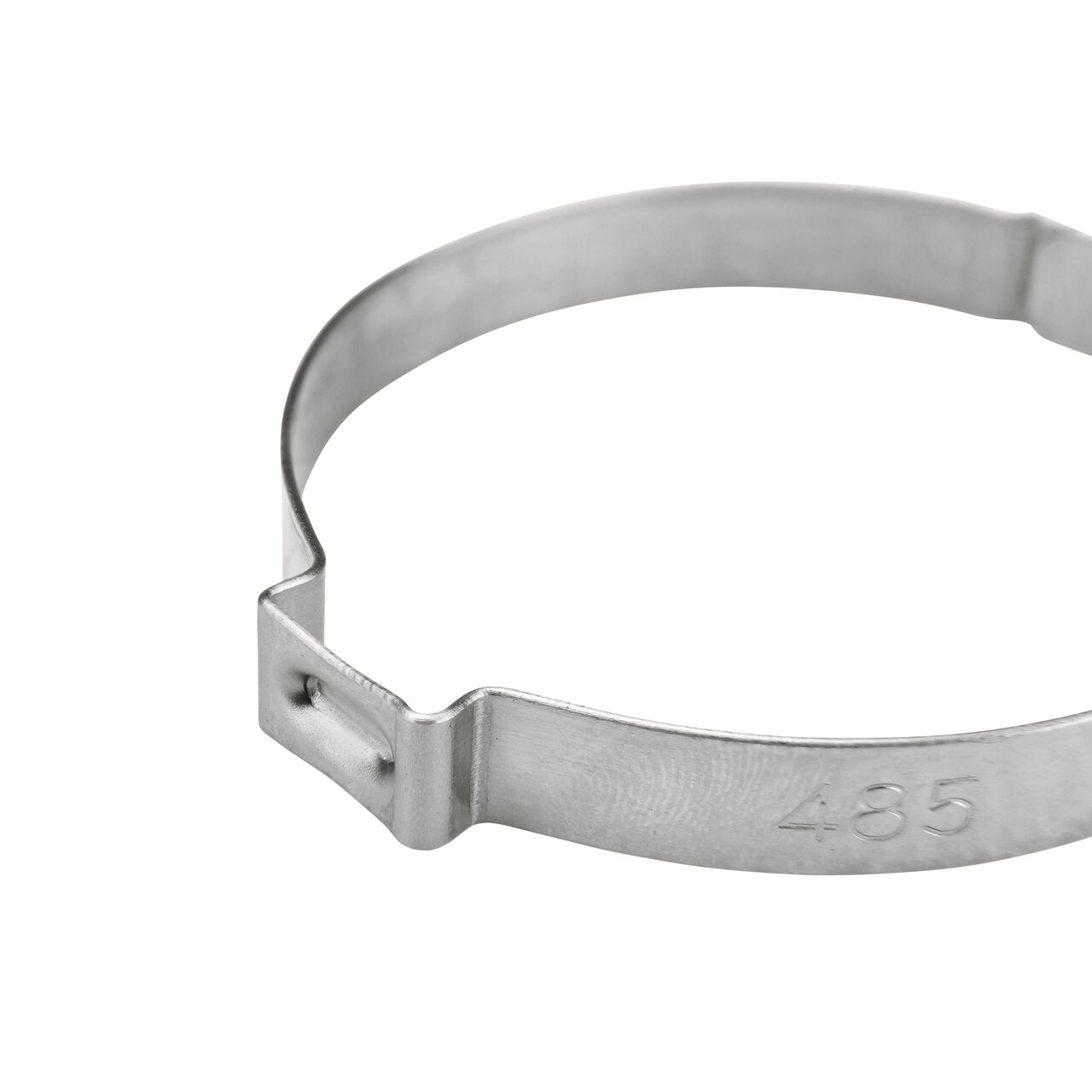 Closeup of the pinch clamp ear end on the NDS 485R Stainless Steel Pinch Clamp (NDS NC155000-031) which bends to confirm a secure, permanent closure.