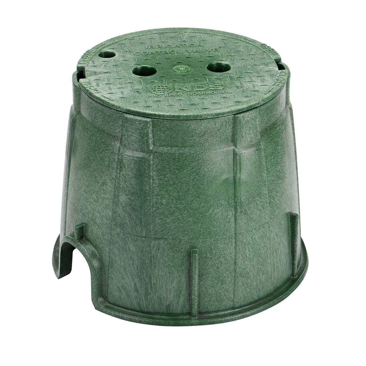 The NDS 10 in. Round Pro-Spec® Series Valve Box and Cover is a 10 in. high Green Box and Green Cover with Irrigation Control Valve markings on the lid (NDS 312BC) protect underground irrigation and sprinkler system components and keep them out of sight