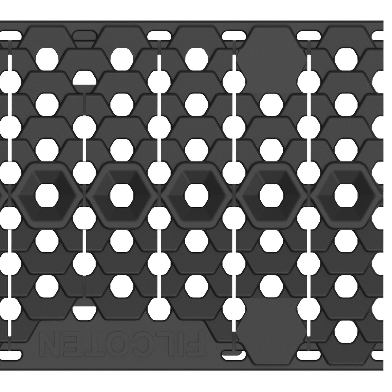 Closeup view of the end of the class C COMBee design plastic BG-FILCOTEN® 100 Trench Drain Grate (NDS 17010402) showing the edge and clips that secure to the channel trench drain