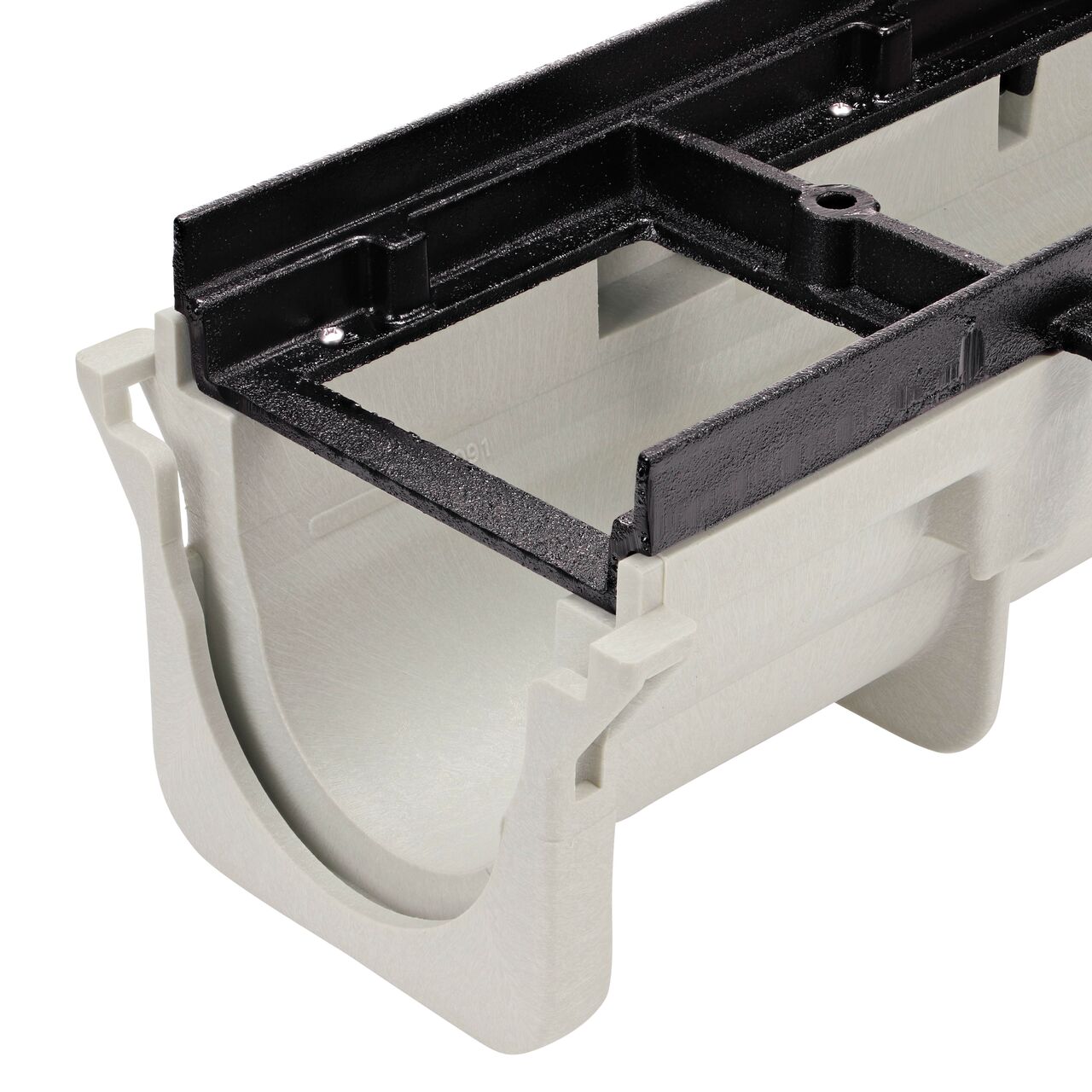 Closeup of the Dura Slope™ Channel Drain Frame (NDS DS-200H) installed on the NDS Dura Slope Channel Drain (NDS DS-091) with the #6 X 3/4 in. Phillips Pan Head Screws (NDS DS-123) with female end facing camera