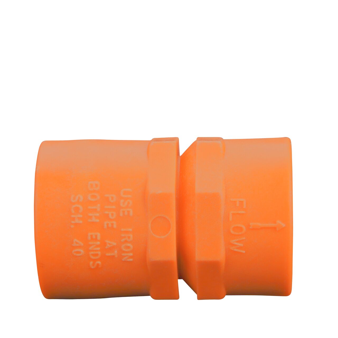 Closeup of the arrow showing water flow of the NDS Orange 3/4 in. IPS Female Threaded PVC Breakaway Coupling Valve (NDS 1010-07-O)