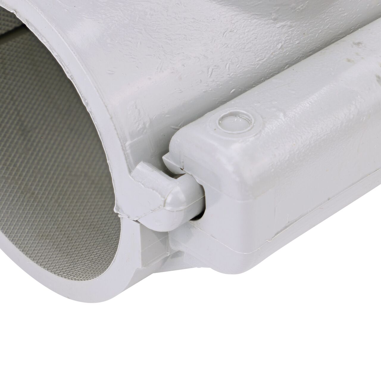 Closeup view of the hinge on the 2 in. NDS Flo-Tap™ Rigid PVC saddle with 1-1/2 in. socket or 2 in. spigot in the closed position  (NDS 3220)