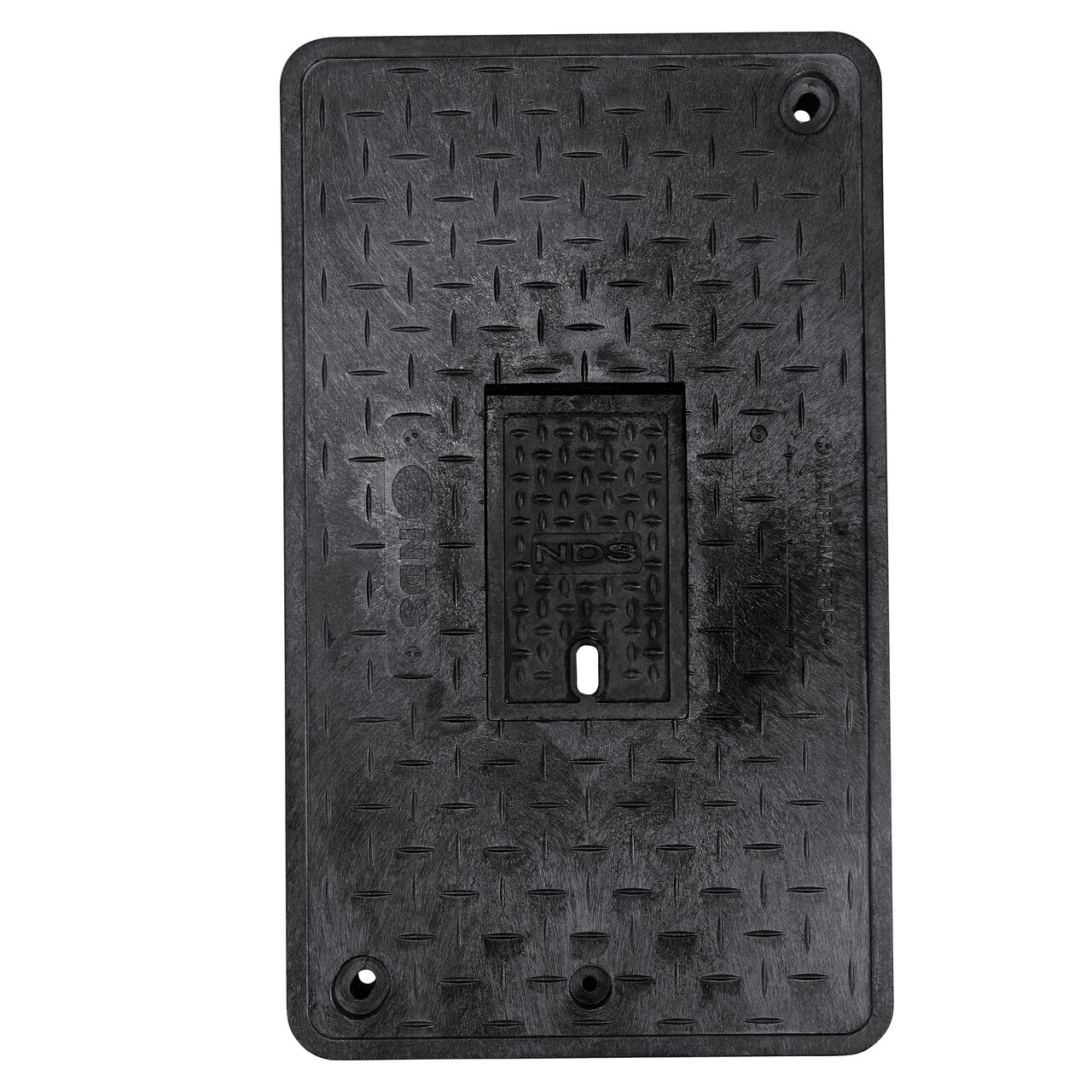 Top down view of the top side of the Black Water Meter cover for the NDS 13 in. X 24 in. Rectangular Standard Series Meter Box (NDS 121BCDMCIFB) showing the Black Water Meter markings and Cast Iron reader door with Bolt