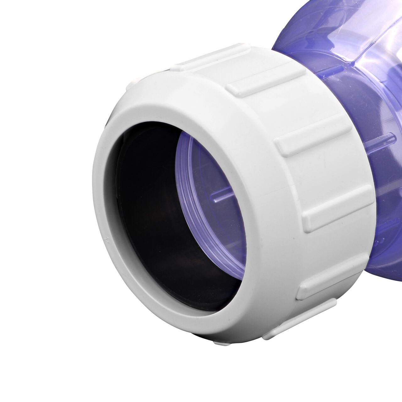 Closeup of outlet compression end of the NDS Clear 2 in. compression fitting end by compression fitting end PVC Compression Swing Check Valve (NDS 1500C20)