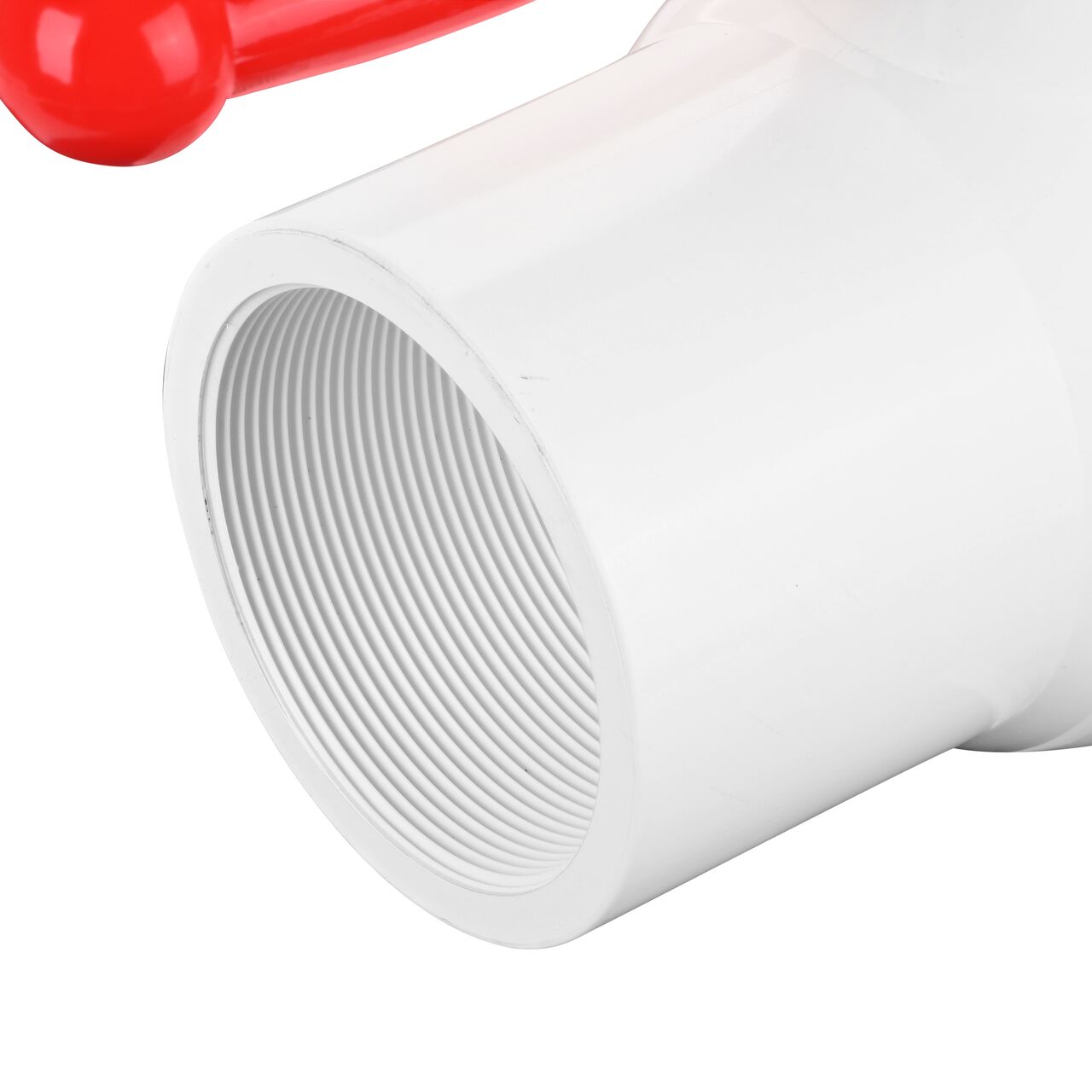 Closeup of the NDS IPS Ball Valve showing the stem that is made of durable PVC material (NDS E1320-40)