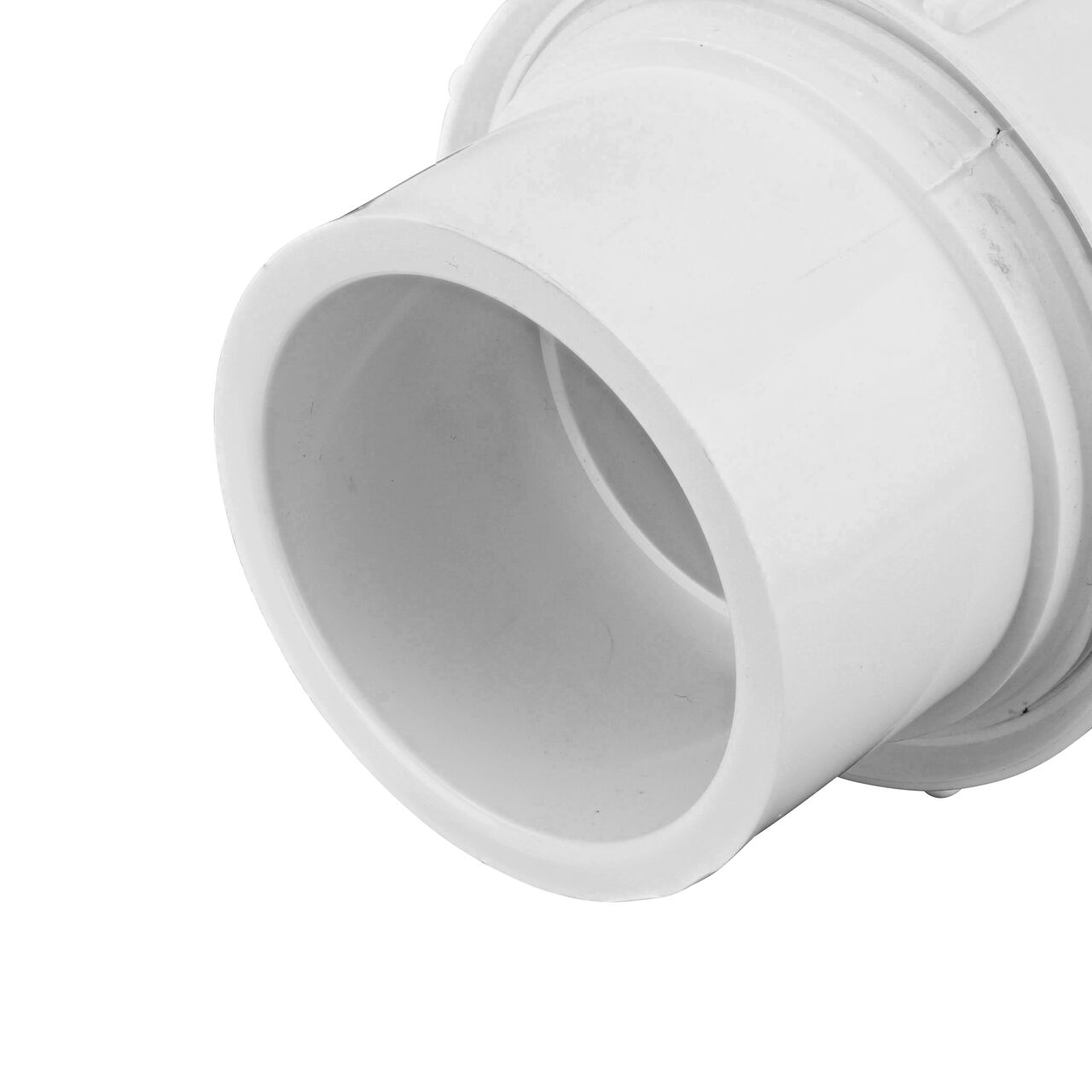 Closeup of the non-union outlet end of the NDS White 2 in, IPS U X U Checkmate PVC Swing Check and Ball Valve Combination (NDS 2200-20TU)