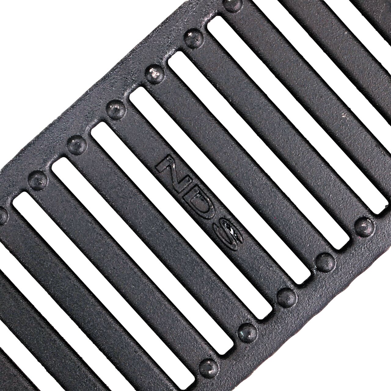 Angled Closeup View of the grate design on the NDS Dura Slope Heavy Duty Cast Iron Channel Grate (NDS-231)