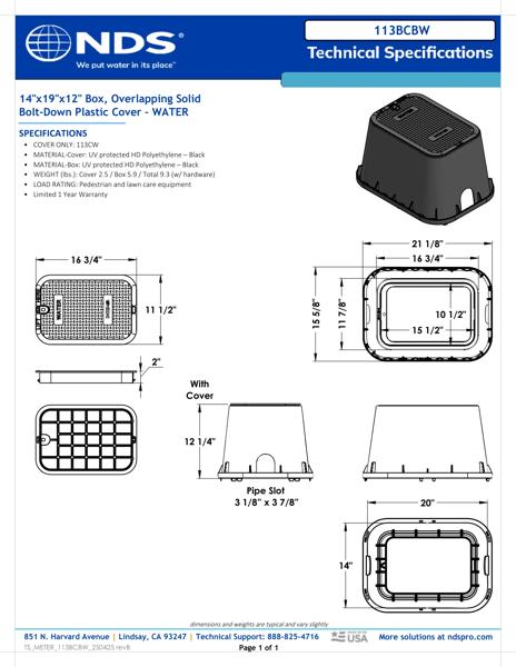 NDS 14 in. X 19 in. Rectangular Standard Series Meter Box and Cover, 12 in. Height, Black Box, Black Water Cover, Includes Bolt Tech Spec