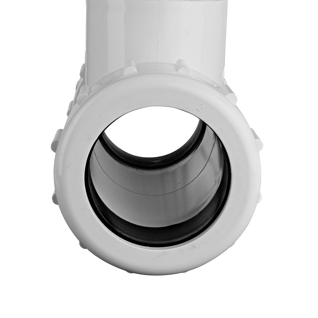 The NDS 2 in. IPS UC X S Compression Tee showing the gasket inside the adjustable nut that secures it in place once installed (NDS CPT-2000-S)