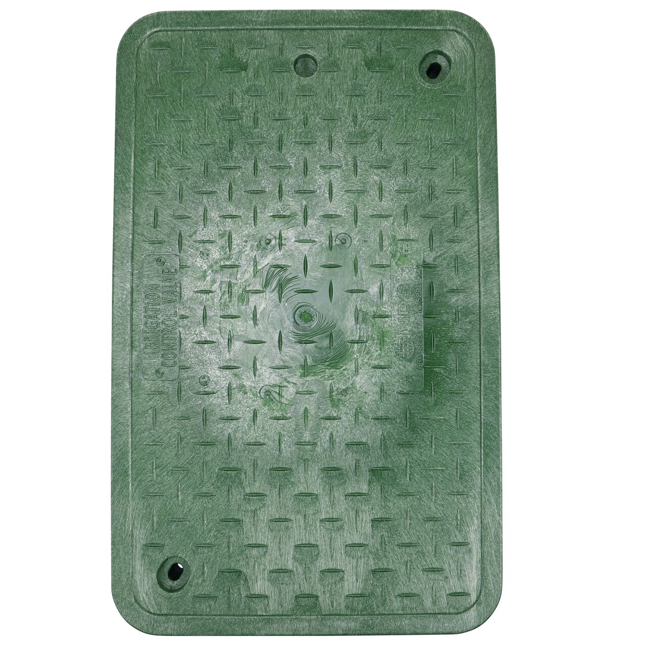 Top down view of the top side of the Green Irrigation Control Valve overlapping cover (NDS 322C) for the NDS 13 in. X 24 in. Rectangular Pro-Spec® Series