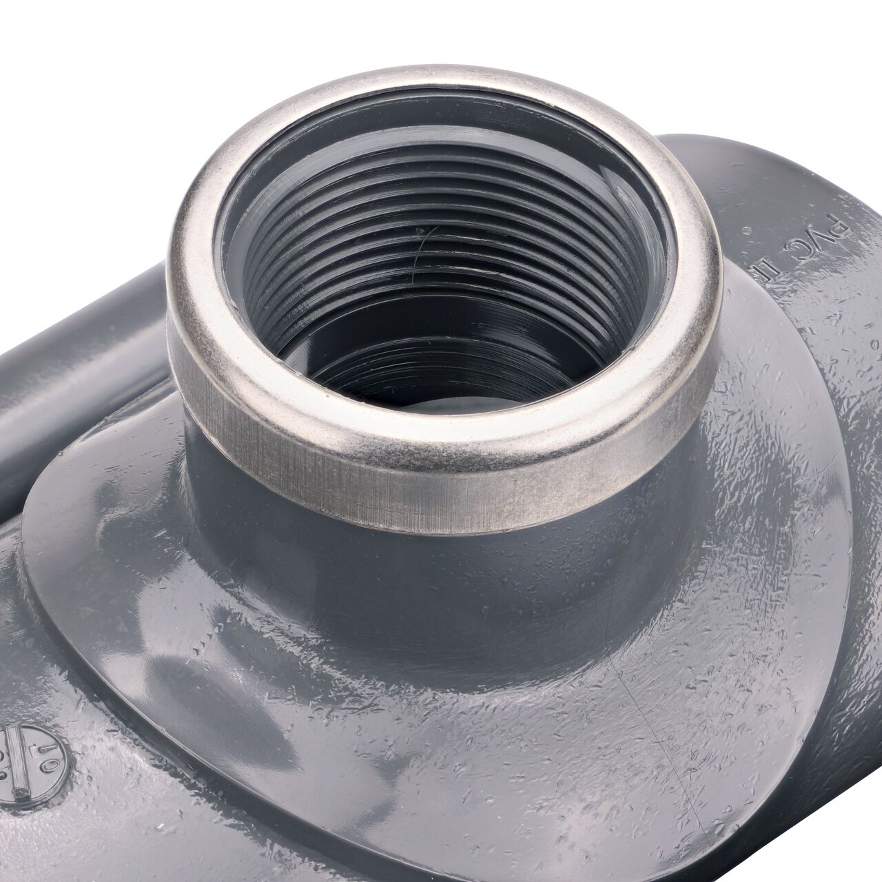 Closeup of the 1-1/4 in. FPT connection on the NDS Clamp-It™ Rigid PVC Saddle (NDS 443012) for 3 in. PVC pipe