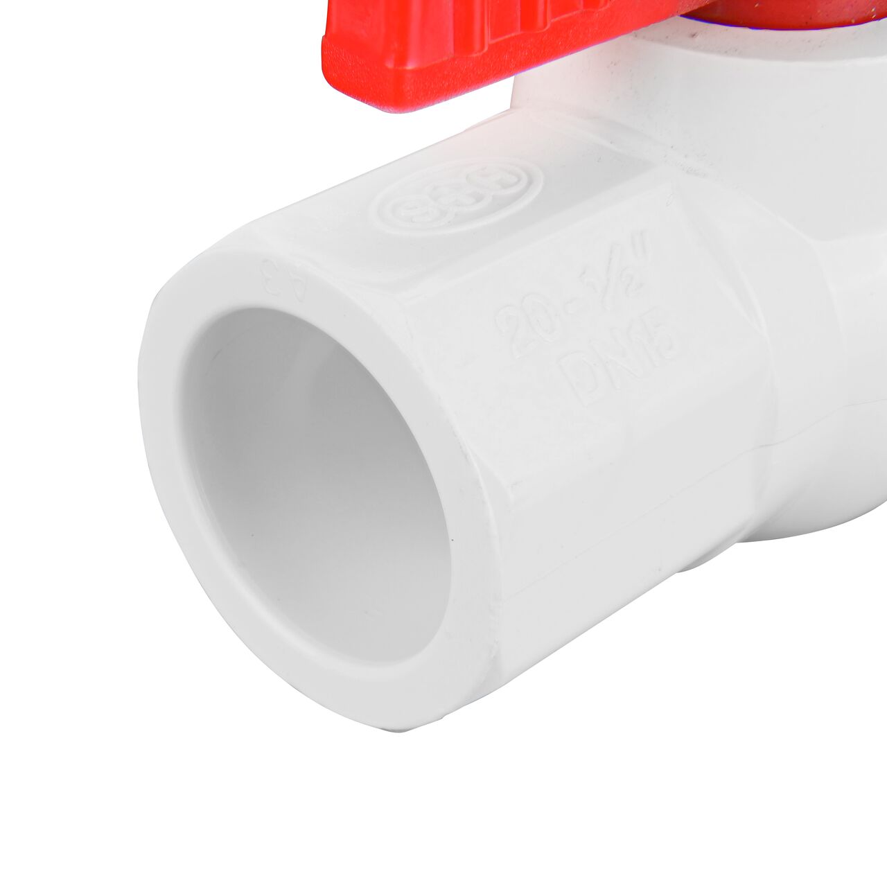 Closeup of the NDS IPS Ball Valve showing the stem that is made of durable PVC material (NDS E1410-05)