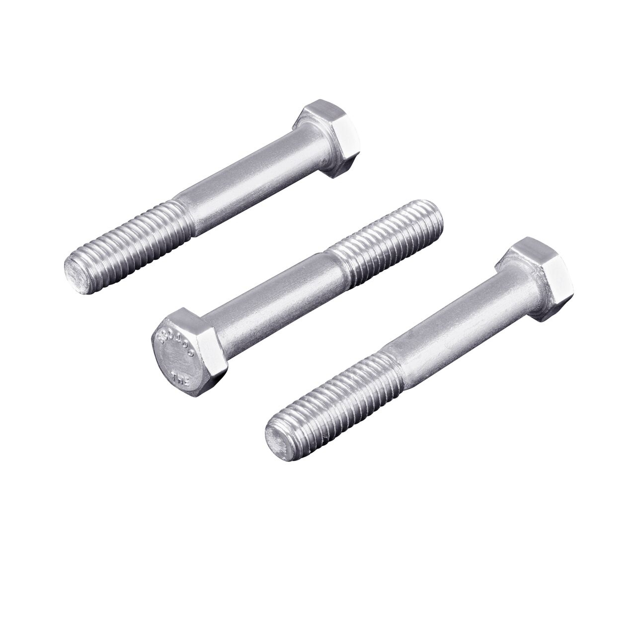 Multiple NDS 113BB Stainless Steel Bolts lined up in opposite directions to show both the nut and threaded ends