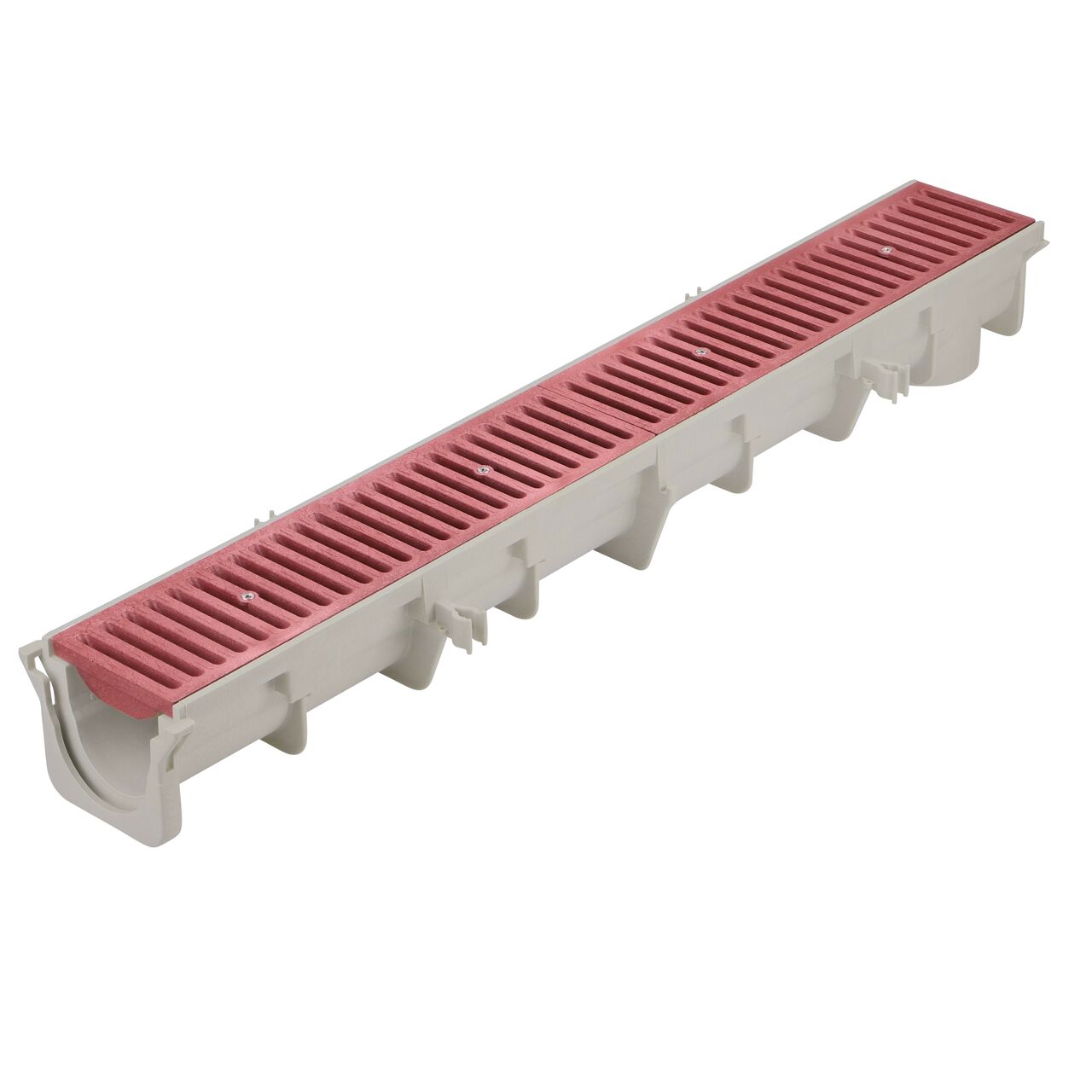 Two brick red plastic Dura Slope™ Channel Drain Grate (NDS 665) fits on one Dura Slope Channel Drain (NDS DS-091)