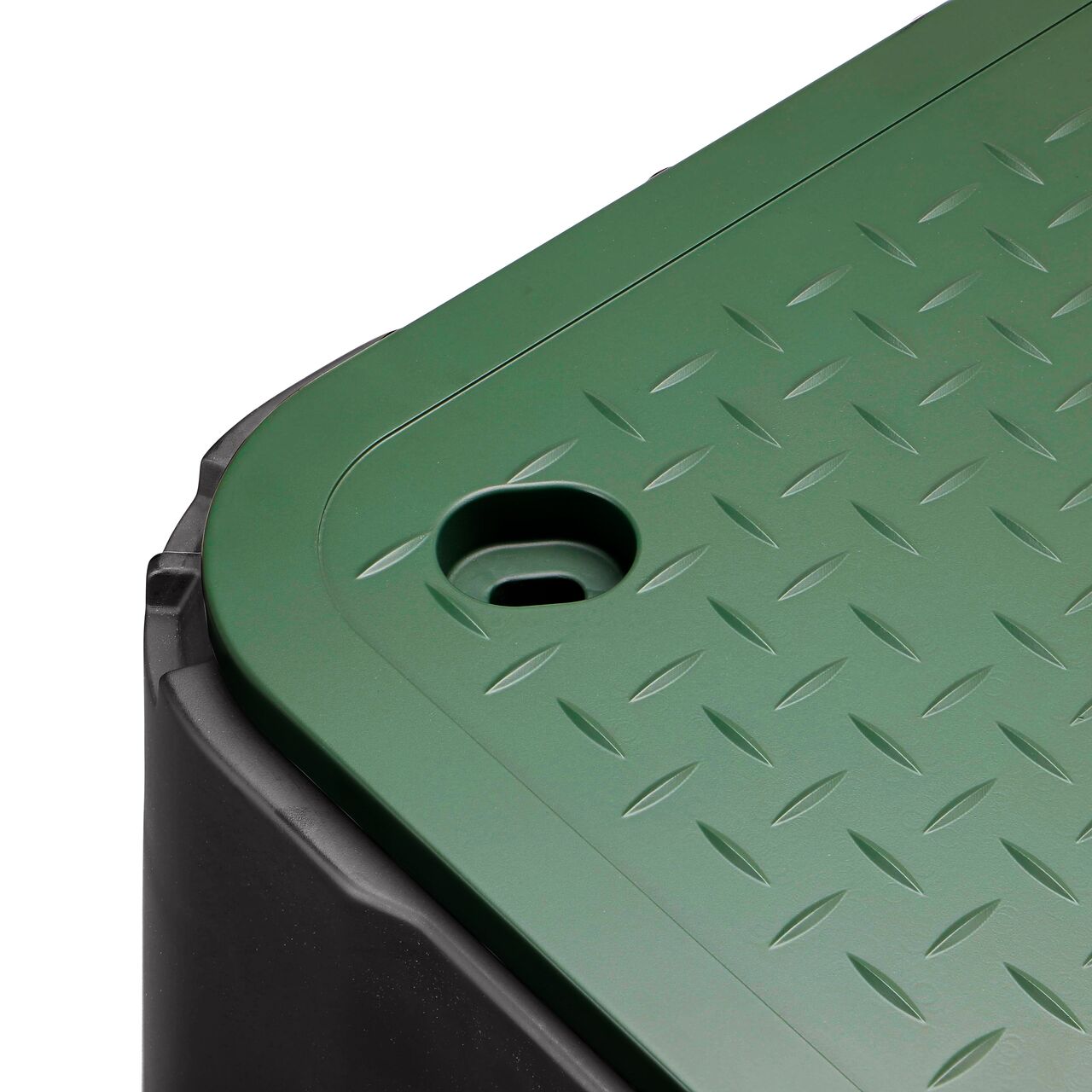 Closeup view of the inside reinforced edges on the NDS 17 in. X 30 in. X 24 in. Rectangular Pro-Spec® Series Telecom Valve Box and Cover (NDS 327BCBT)