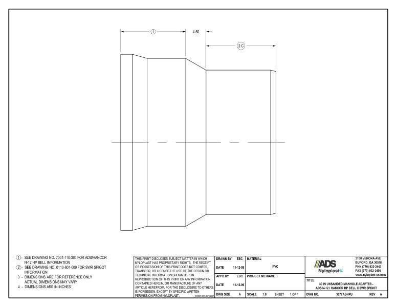30" Unsanded Manhole Adapter - HP Bell x SWR Spigot Nyloplast Detail