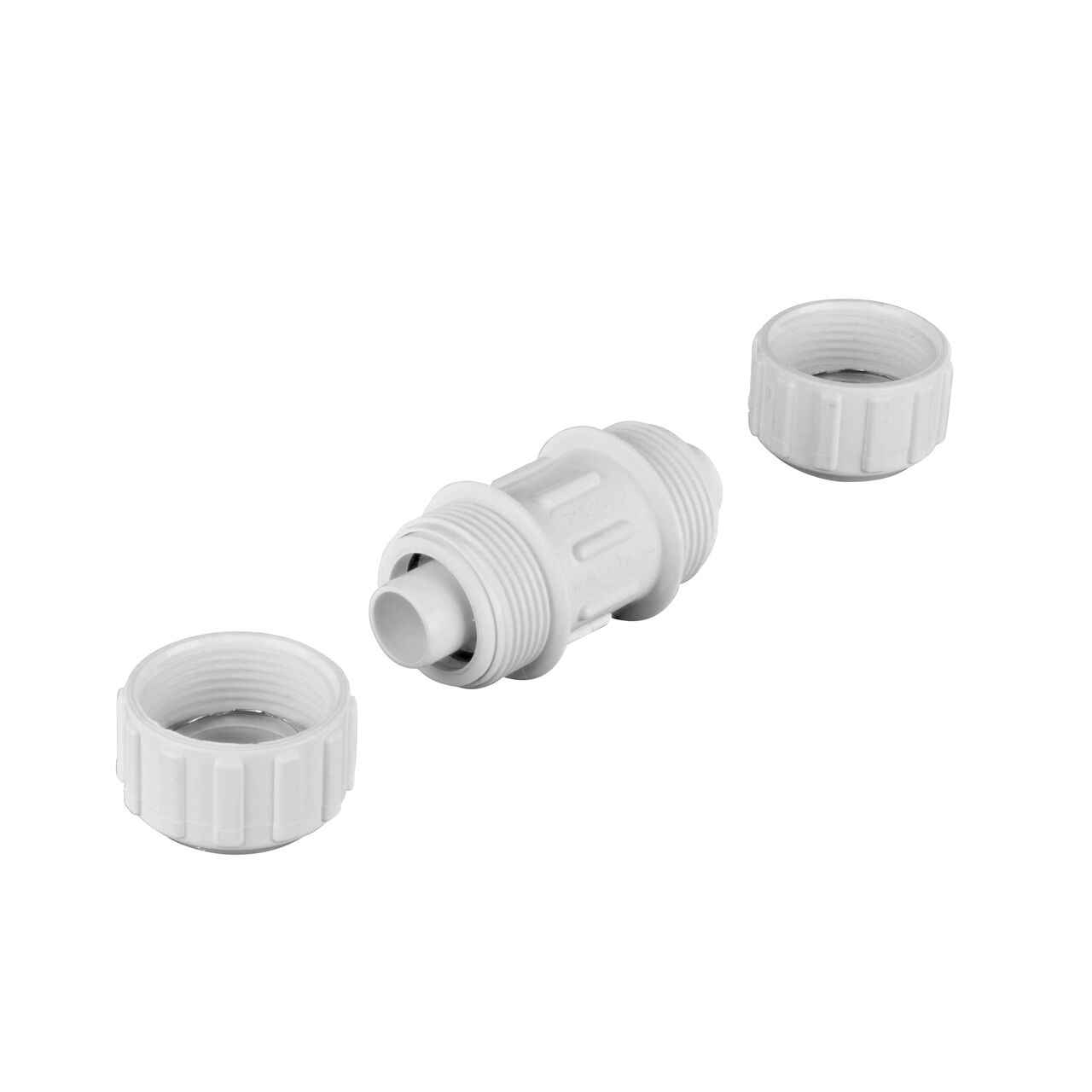 Unassembled NDS 1 in. SDR-9 CTS Flo-Lock™ Gripper Coupling showing where the two ends come apart to secure the adapter to the pipe (NDS 710-10)