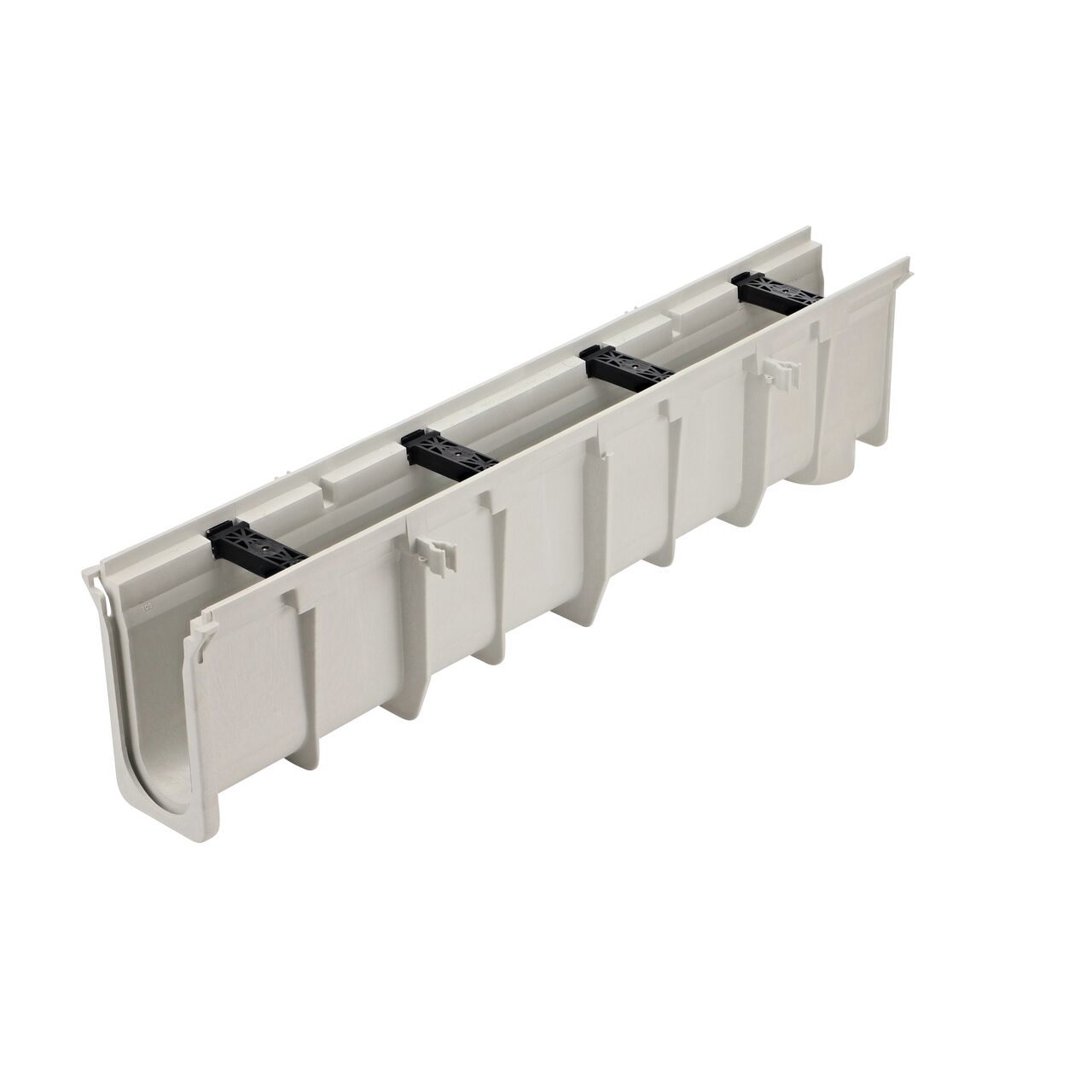 Dura Slope Channel Drain is 9.70 in. to 10.05 in. Deep, with groove joints facing camera (NDS DS-108)