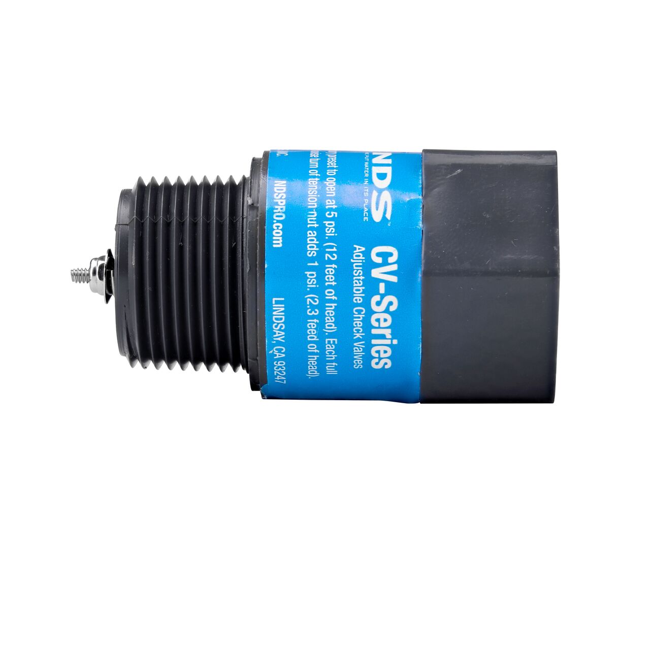 Side view of the NDS Gray 1 in. IPS MPT X FPT PVC Adjustable Inline Spring Check Valve (NDS CV-1000-MF)