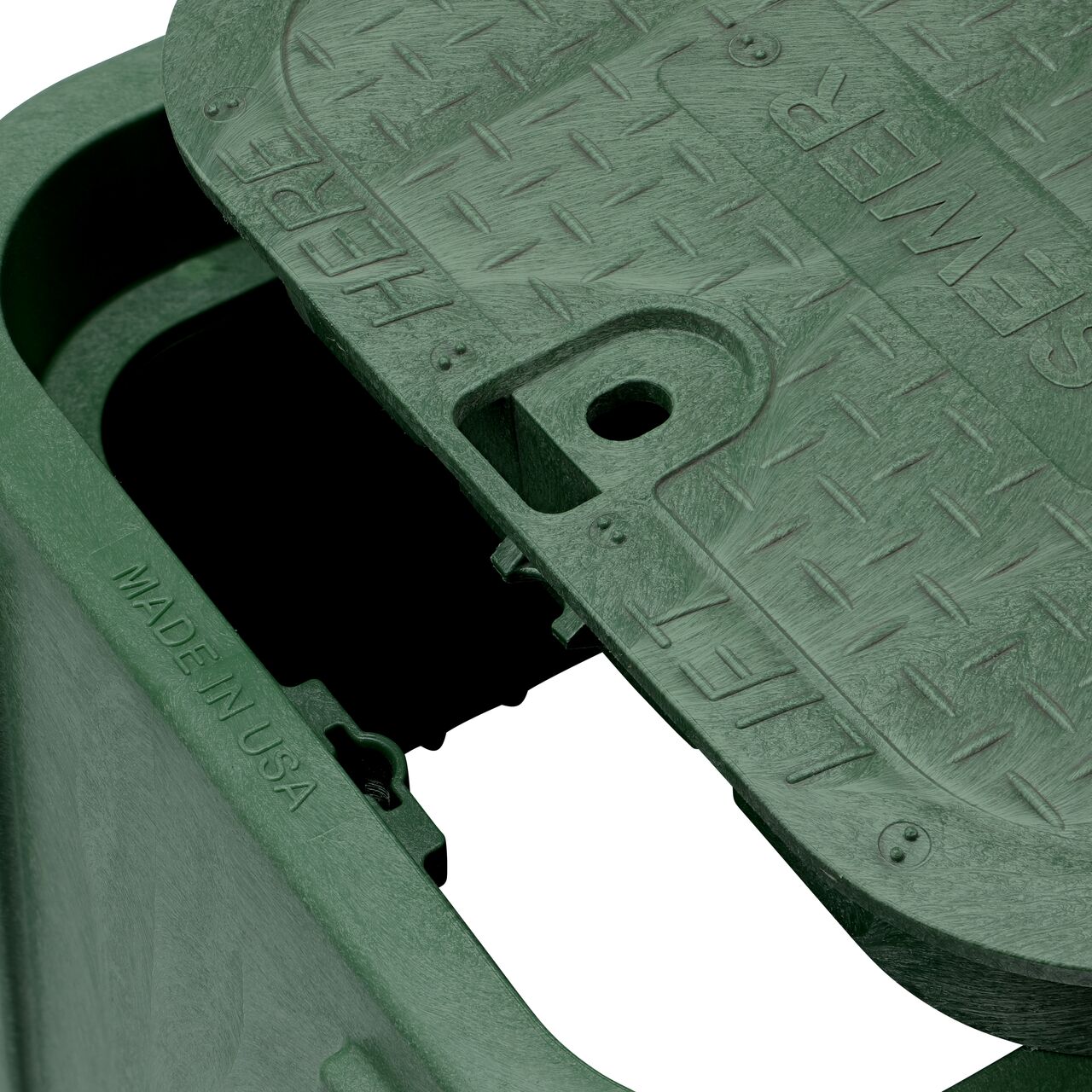 Align the bolt hole on the lid with the universal locking mechanism hole on the box from the NDS 14 X 19 in. Rectangular Pro-Spec® Series Green Box and Green Sewer Cover (NDS 314BC) for a secure fit