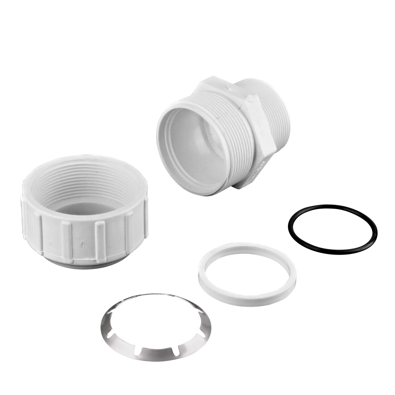 The NDS 2 in. SDR-9 CTS X 2 in. MPT Flo-Lock™ Gripper Adapter fully unassembled showing the steel gripper, EPDM O-Ring, and stiffner (NDS 730-20)