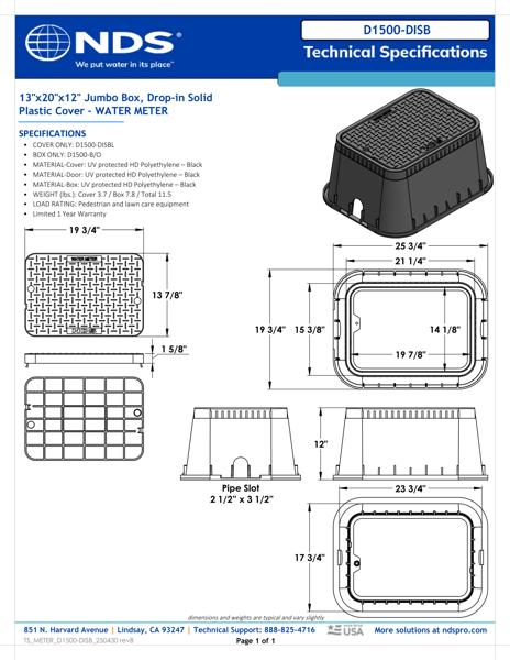 NDS 13 in. X 20 in. Rectangular D1500 Meter Box and Drop-in Cover, 12 in. Height, Black Box, Black Water Meter Cover Tech Spec