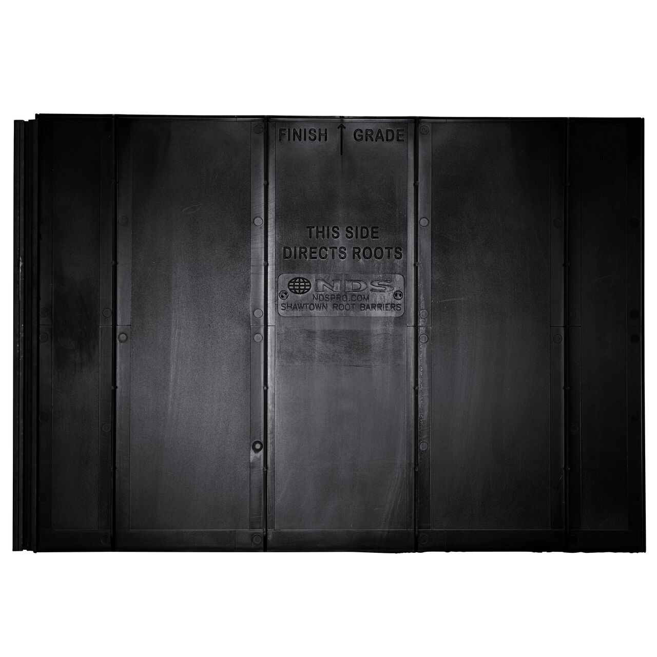 Straight on view of the 18 in. deep NDS Root Barrier Panel (NDS EP-1850) shows protruding ribs spaced 6 inches a part