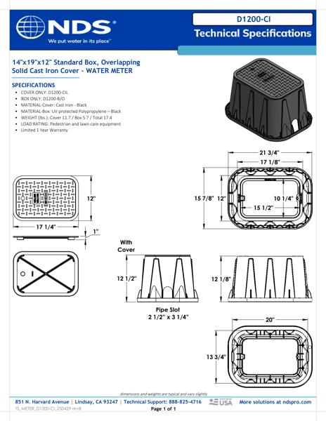 NDS 14 in. X 19 in. Rectangular D1200 Meter Box and Cover, 12 in. Height, Black Box, Cast Iron Water Meter Cover Tech Spec
