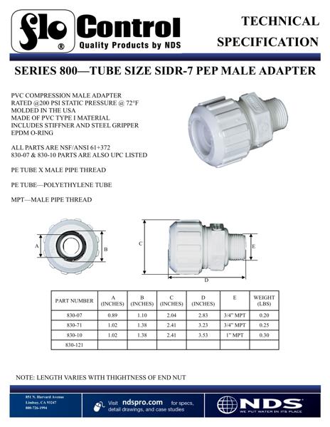 NDS Flo-Lock™ PVC Gripper Adapter for PE Pipe SIDR-7 MPT Tech Spec