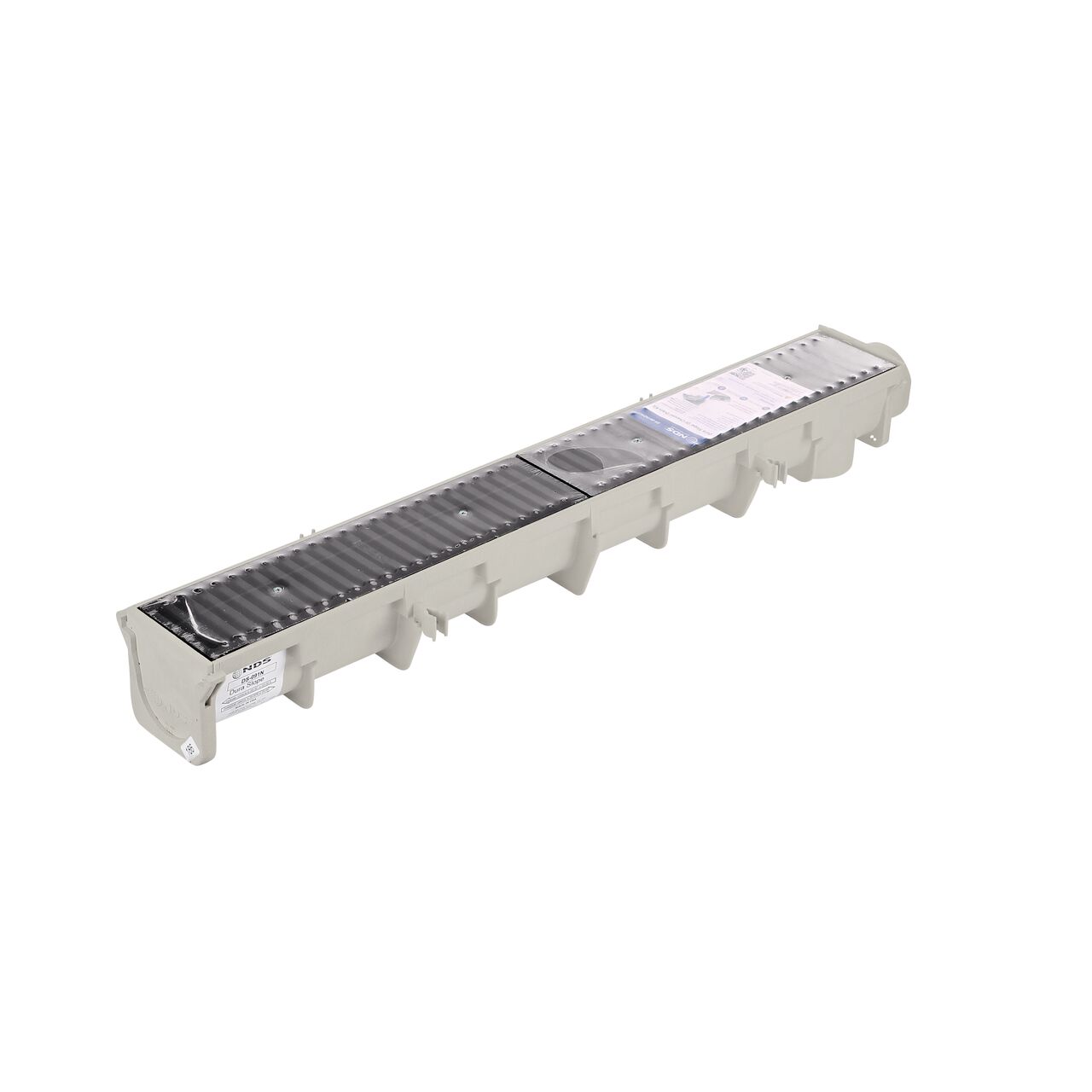 Remove the bag on the NDS Neutral Dura Slope Channel Drain Kit and you will see the trench drain labeled and grates secured with shrinkwrap and each end piece already screwed onto drain (NDS DS-091NDIKIT) with the end cap facing the camera, remove the end cap to secure to another drain