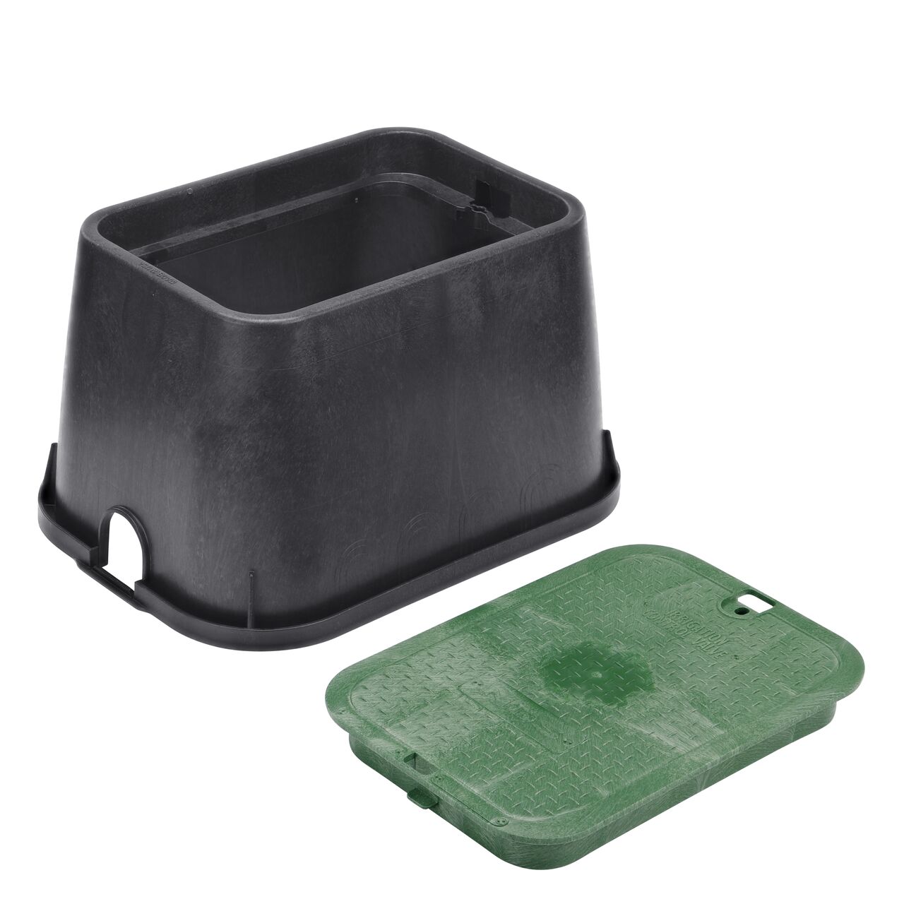 Unassembled View of the 14 in. X 19 in. Rectangular Valve Box and Cover which is a Black Box with new universal locking mechanism and Green Irrigation Control Valve Cover (NDS 113BC)