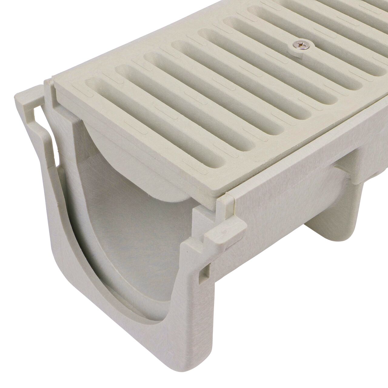 Closeup groove (female) side of the NDS 4.34in. Deep Dura Slope Channel Drain (NDS DS-103N) with the Standard Dura Slope Light Gray Grate installed (NDS 661LG)