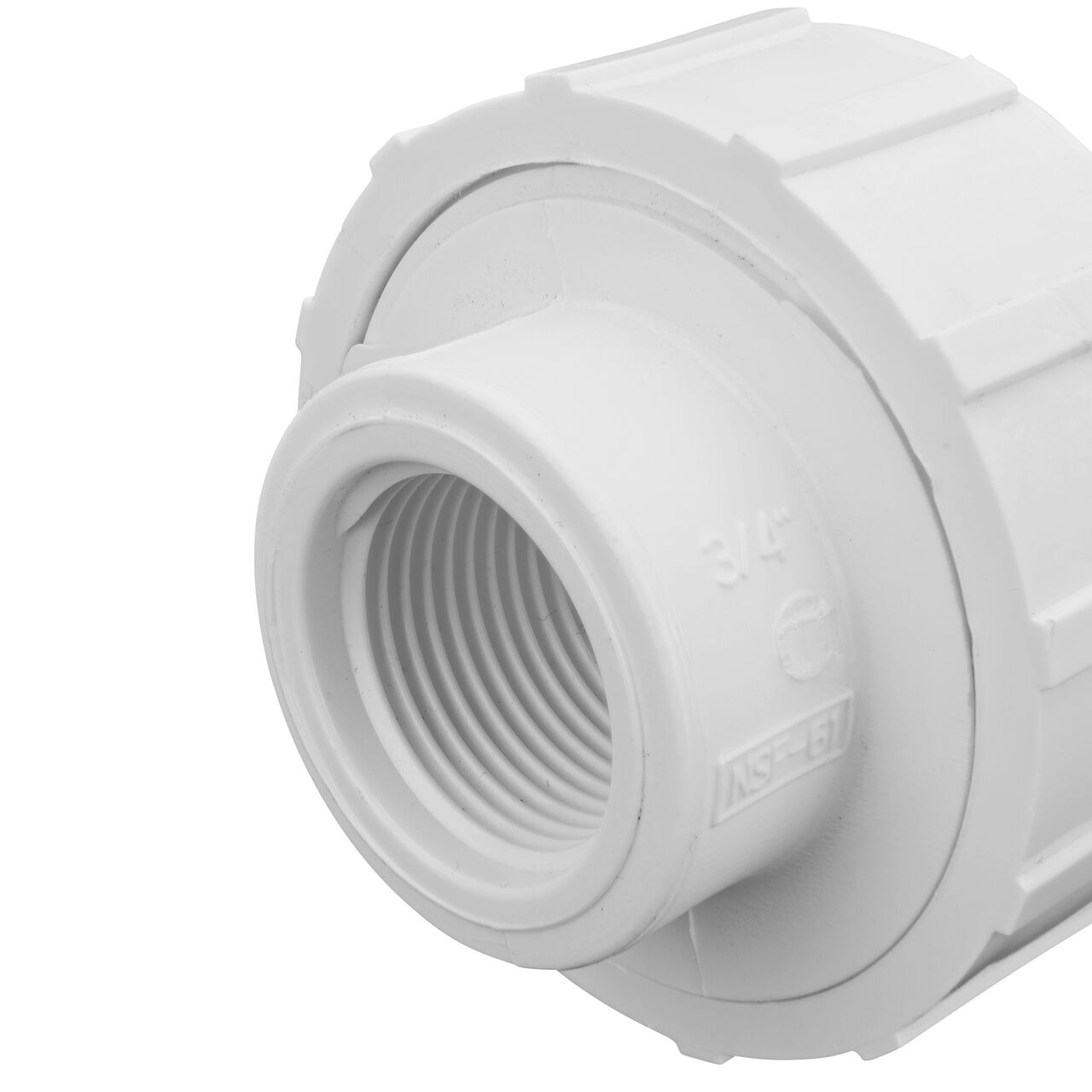 Closeup view of one threaded end on the PVC Union, 3/4 in. Sch. 40 FPT X FPT (NDS WU-0750-T)