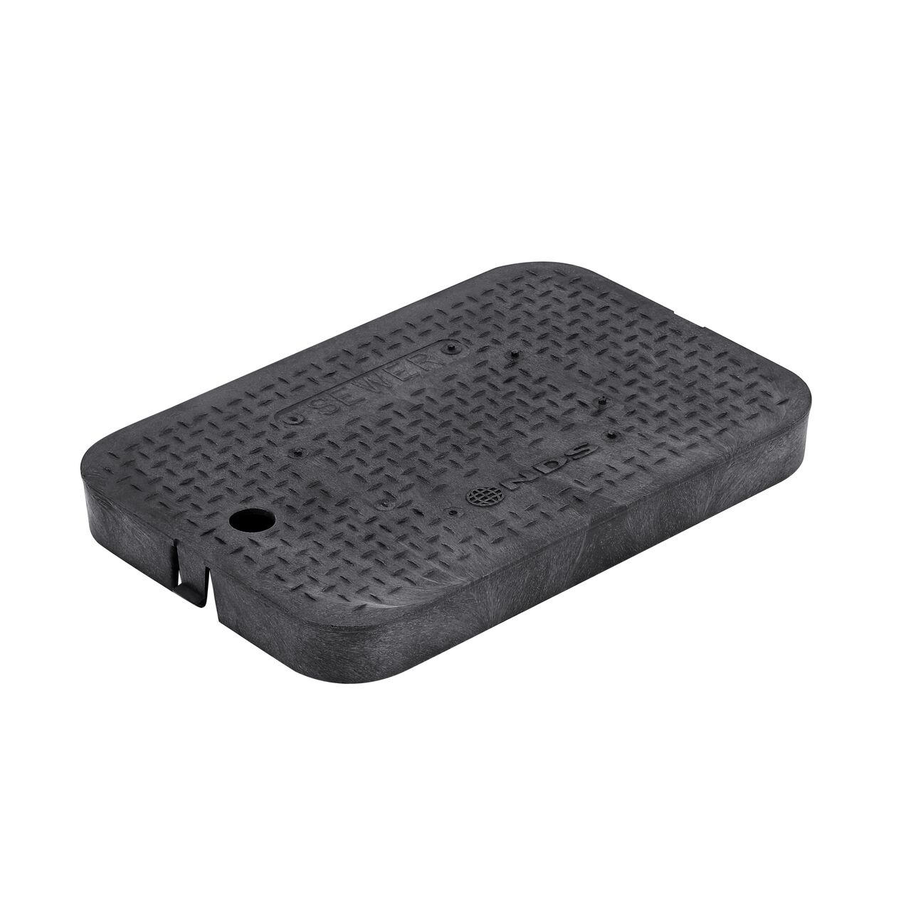 This NDS 14 in. X 19 in. Rectangular Standard Series Meter Box Cover is a Black Drop-in Cover with Sewer markings on the lid (NDS D1200-DISBSWRL) and fits NDS standard series 14 in. X 19 in. valve boxes