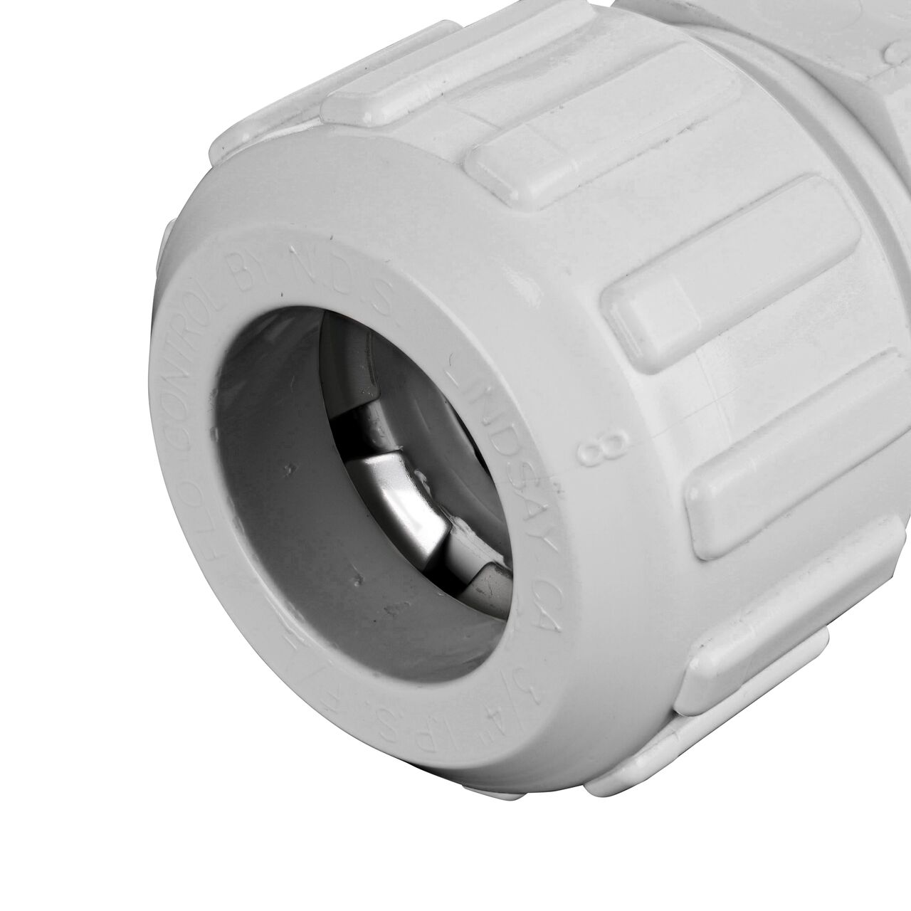 Closeup of the Flo Lock compression end with steel gripper on the NDS 3/4 in. IPS Flo-Lock™ PVC Gripper Adapter (NDS 136-07)