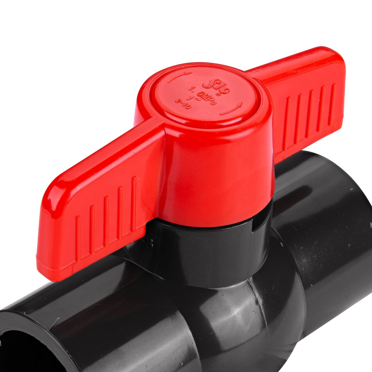 Closeup of the NDS IPS Ball Valve showing the handle that rotates two ways to control water flow (NDS E1610-10)