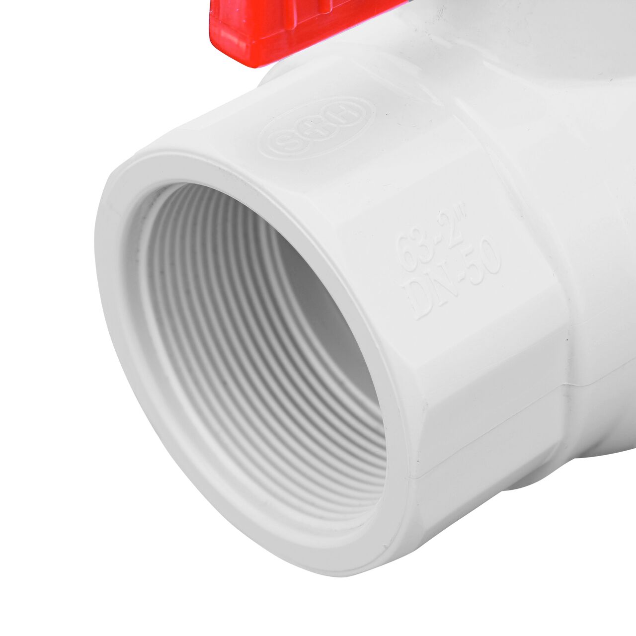 Closeup of the NDS IPS Ball Valve showing the stem that is made of durable PVC material (NDS E1420-20)