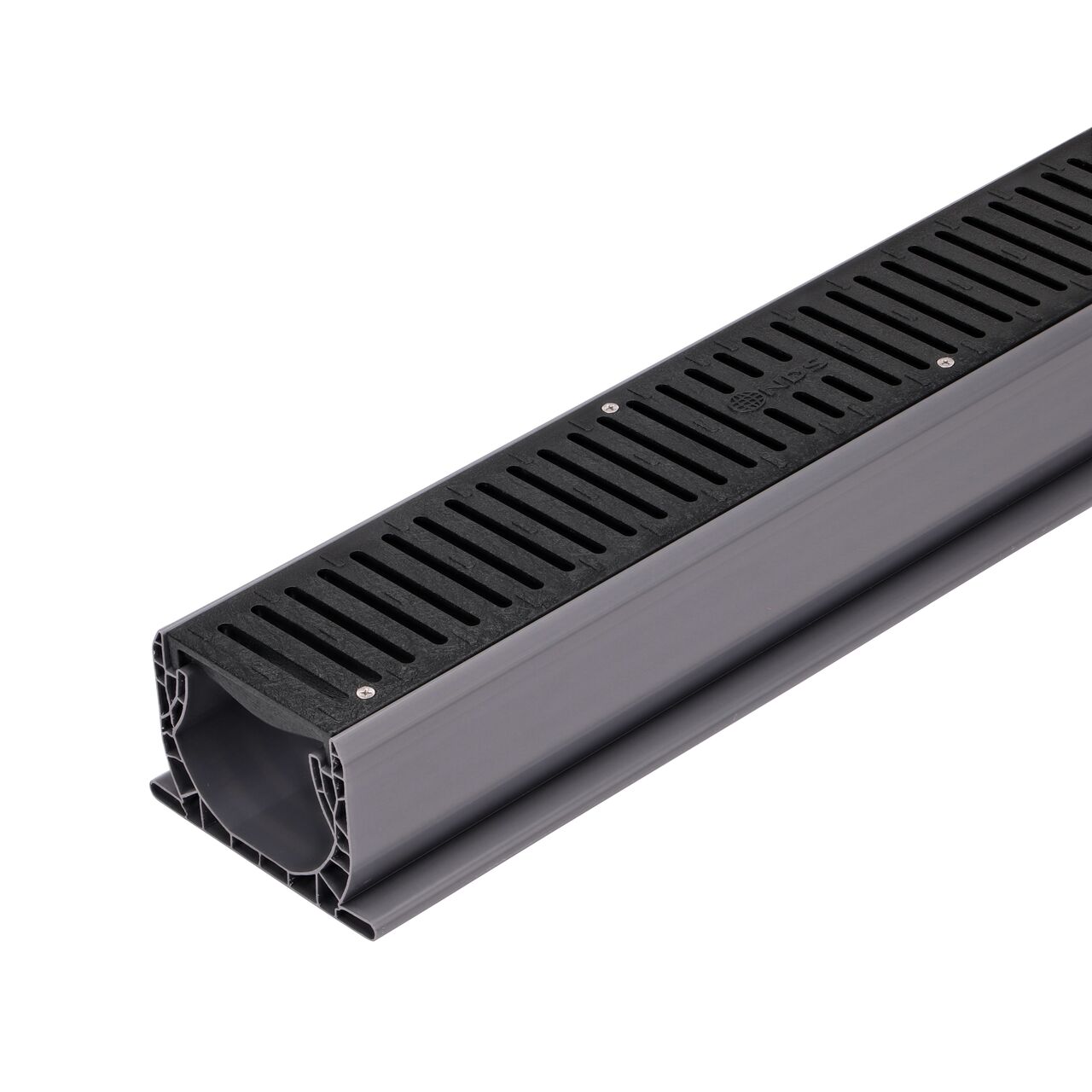 The NDS Spee-D® Channel Drain Grate in Black Plastic (NDS 243) installed on the NDS Spee-D® Channel Drain