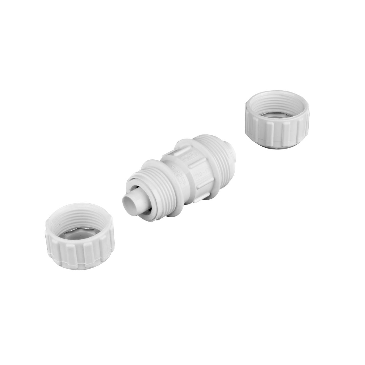 Unassembled NDS 1 in. SDR-9 X 3/4 in. SDR-11 Flo-Lock™ Gripper Reducer Coupling showing where the two ends come apart to secure the coupling to the pipe (NDS 710-17)