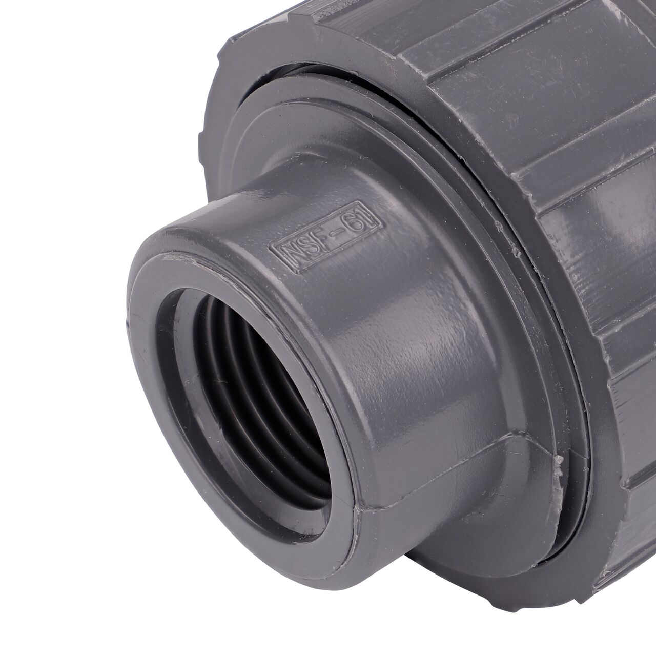 Closeup view of one threaded end on the NDS 1/2 in. PVC Union (NDS U-0500-T) which provides a corrosion-free connection between pipes and prevents costly property damage