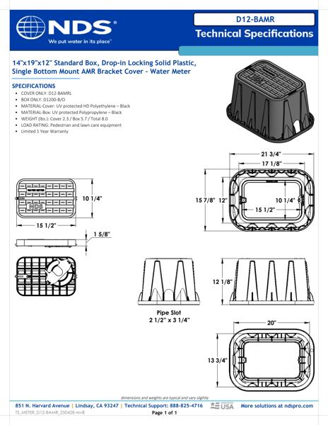 NDS 14 in. X 19 in. Rectangular Meter Box with Locking Drop-in AMR Bottom Mount Cover, 12 in. Height, Black Box, Black Water Meter Cover Tech Spec