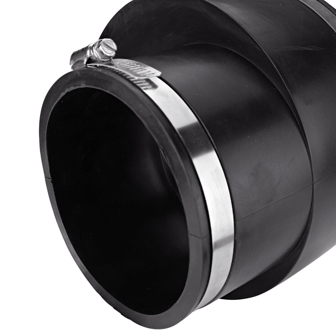 Closeup view of the small end on the NDS 6 in. X 4 in. flex eccentric coupling connects two slightly offset cast iron/sewer and drain or DWV/copper/steel/lead pipes (NDS 56-E64)
