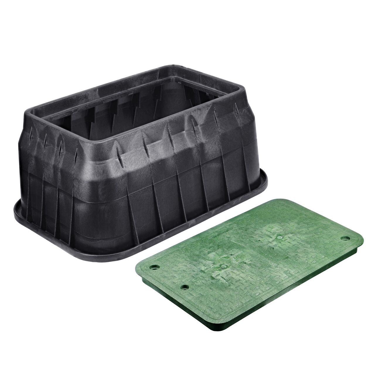 Unassembled View of the NDS 17 in. X 30 in. Black Rectangular Pro-Spec® Series valve box, bolt, and Green Irrigation Control Valve overlapping cover (NDS 326BCB-BG)