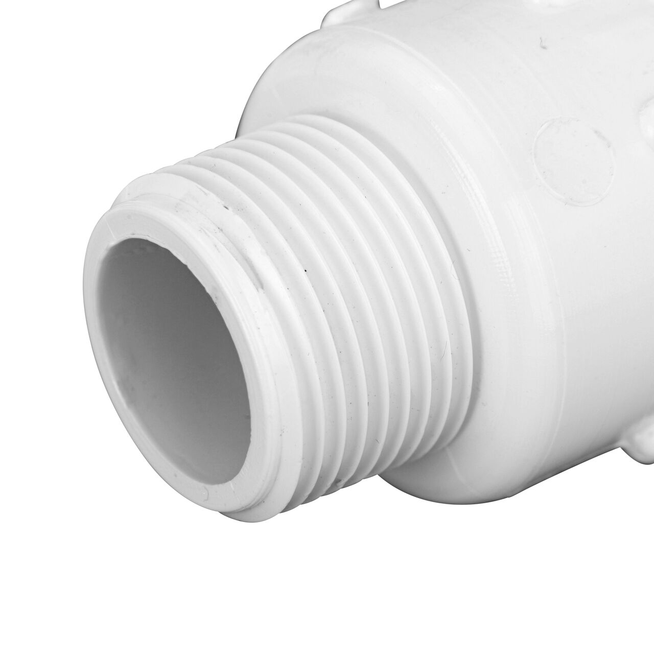 Closeup view of the PVC Compression Adapter, 3/4 in. IPS UC X 3/4 in. IPS MPT socket end showing adjustable nut removed and once installed provide a leak-resistant connection between two pipes (NDS CPA-0750