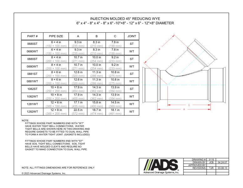 6" x 4" - 8" x 4" - 8" x 6" - 10" x 8" - 12" x 6" - 12" x 8"  Injectiom Molded 45 Degree Reducing Wyes (HDPE Dual Wall Injection Molded Wyes Fittings)