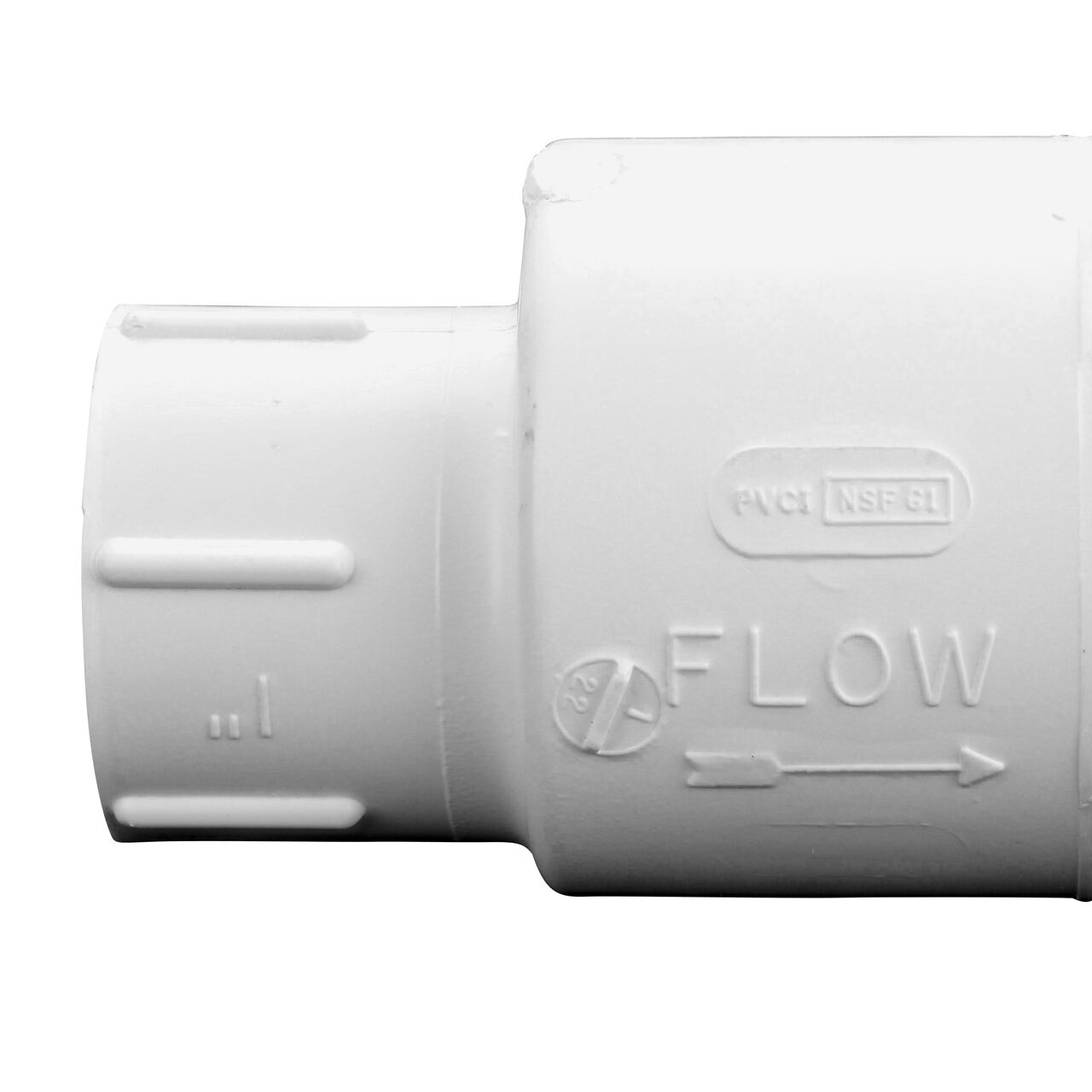 Closeup of the arrow showing water flow direction on the NDS White 1 in. female end by female end PVC Swing Check Valve (NDS 1520-10F)