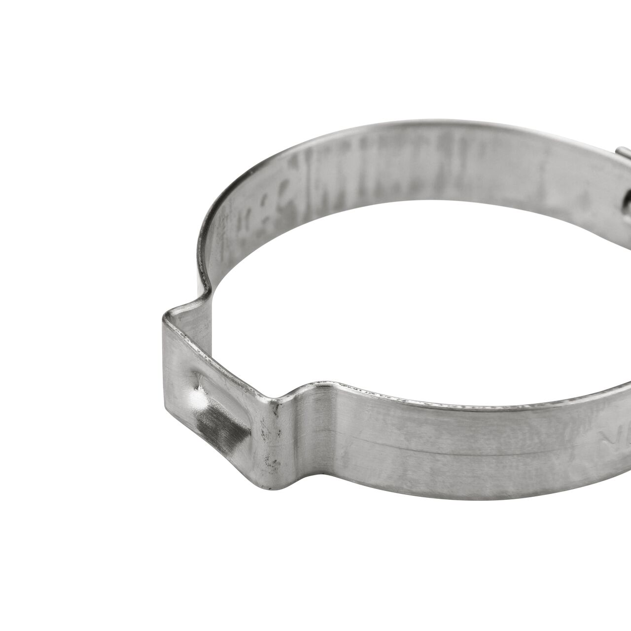 Closeup of the pinch clamp ear end on the NDS 331R Stainless Steel Pinch Clamp (NDS NC155000-020) which bends to confirm a secure, permanent closure.